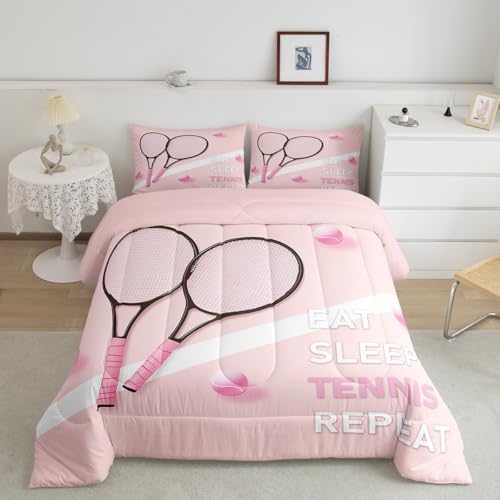 Castle Fairy Tennis Comforter Set Queen Size Fashion Sports Ball Game Bedding Set Bedroom Decor Girly Pink Style Quilt Set for Kids Boys Girls Tennis Racket Duvet Insert 3Pcs
