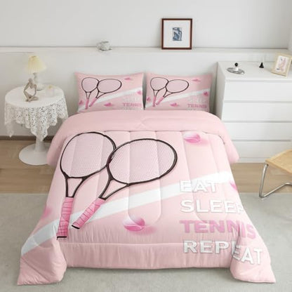 Castle Fairy Tennis Comforter Set Queen Size Fashion Sports Ball Game Bedding Set Bedroom Decor Girly Pink Style Quilt Set for Kids Boys Girls Tennis Racket Duvet Insert 3Pcs
