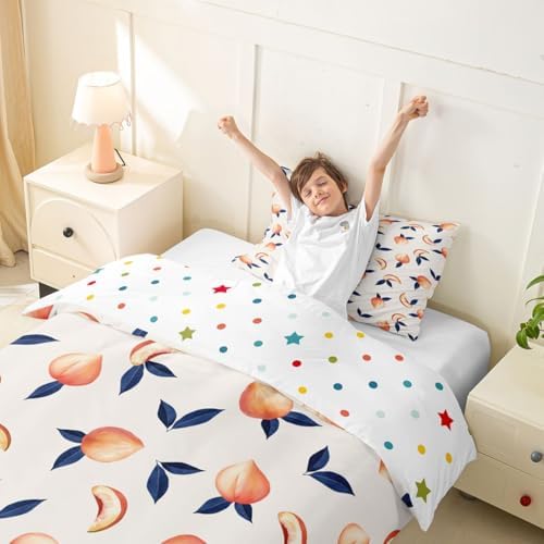 Erosebridal Peach Comforter Cover Set Twin for Girls Women Kids Cute Cartoon Fruit Printed Reversible Duvet Cover Stripe Decor Simple Soft Microfiber Polyester Bedding Set, Zipper, 2 Pieces