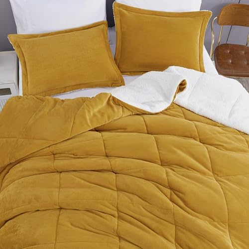 Chezmoi Collection Ultra-Soft Micromink Sherpa Comforter Set with 2 Pillow Shams - King Size Mustard Yellow Reversible Plush Bedding Comforter 3-Piece Set Warm Winter Blanket
