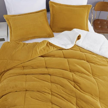 Chezmoi Collection Ultra-Soft Micromink Sherpa Comforter Set with 2 Pillow Shams - King Size Mustard Yellow Reversible Plush Bedding Comforter 3-Piece Set Warm Winter Blanket