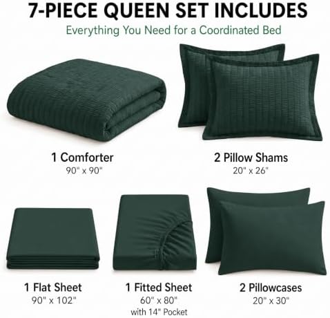 HIMEET Queen Comforter Set, 7-Piece Seersucker Bed in a Bag, Forest Green