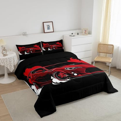 Erosebridal Red Race Car Twin Comforter Set Racing Car Bedding Set for Boys Extreme Sport Car Down Comforter Teens Racing Competition Quilt Cool Sports Duvet Insert Room Decor