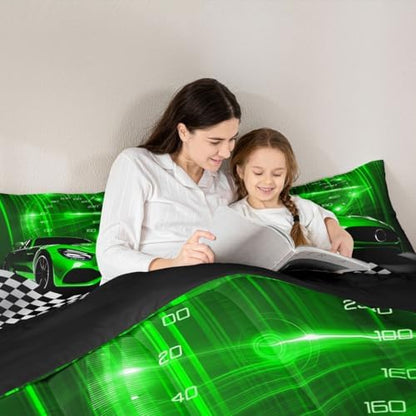 Erosebridal Green Race Car Queen Comforter Set for Toddler Boys,Glitter Ombre Line Art Bedding Set Neon Light Sports Car Dashboard Quilt,Black and White Grid Lattice Buffalo Plaid Decor