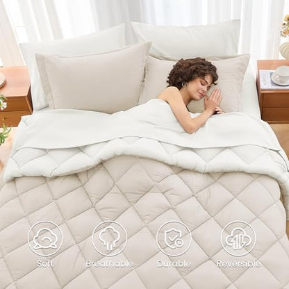 MUXHOMO 7 Pieces Oversized King Comforter Set, Reversible Bed in a Bag Oversized King Size, All Season Bedding Set with Comforter, Flat Sheet, Fitted Sheet, Pillowcases & Shams, Beige & White