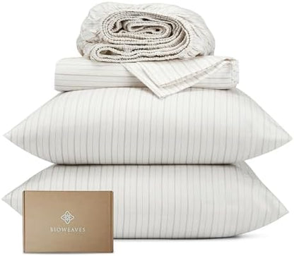 BIOWEAVES 100% Organic Cotton Sheets, 300 Thread Count 4-Piece GOTS Certified Bed Sheet Set Fits Mattress Upto 17" Deep Pocket, Soft & Silky Sateen Weave - King, Natural/Biscotti Stripes