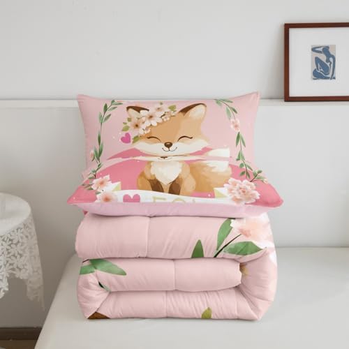 Feelyou Girls Cartoon Fox Comforter Set Cute Fox Bedding Set for Kids Boys Girls Kawaii Animal Duvet Set Botanical Floral Comforter 1 Comforter Set with 2 Pillowcases Queen Size