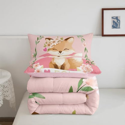 Feelyou Girls Cartoon Fox Comforter Set Cute Fox Bedding Set for Kids Boys Girls Kawaii Animal Duvet Set Botanical Floral Comforter 1 Comforter Set with 2 Pillowcases Queen Size