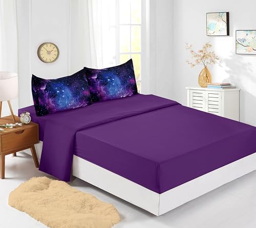 Galaxy Comforter Sets Twin 7PCS,Purple Comforter Set,Girls Bed Sets,Bed in a Bag with Flat Sheet and Fitted Sheet,Pillowcases,Cushion Covers for Girls,Purple Galaxy Twin Bedding Sets