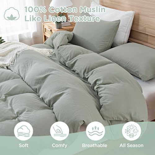 TOCOMOA 100% Muslin Cotton Duvet Cover Set, Sage Green, Queen