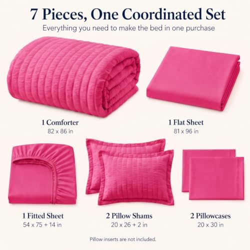 CozyLux Full Size Comforter Sets, 7 Pieces Hot Pink Seersucker Bed in a Bag