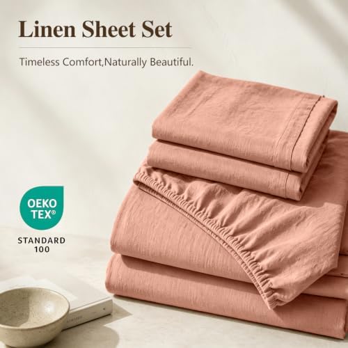 MEISHANG 100% French Linen Sheets King,4 Pcs,16" Deep Pocket