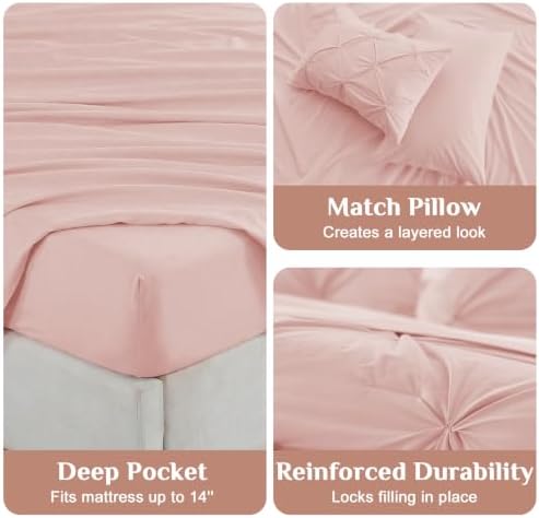 JOLLYVOGUE California King Comforter Set 7 Pieces - Bed in a Bag Cal King for All Season, Pintuck Bedding Comforter Sets with Comforter, Flat Sheet, Fitted Sheet and Pillowcases & Shams, Rose Gold
