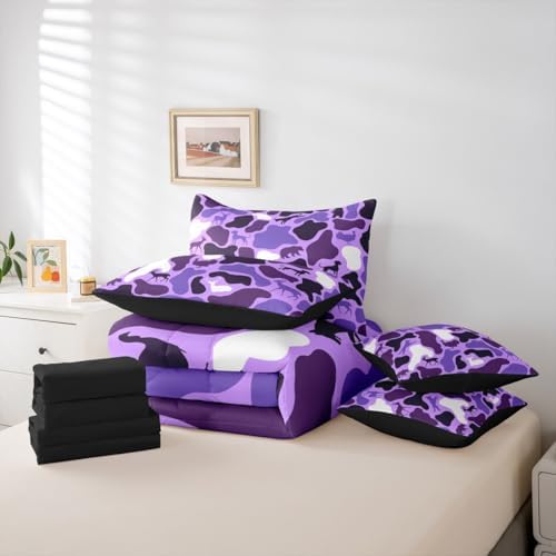 Erosebridal Camo 7 Piece Bedding Set Queen Wolf Deer Comforter Set with Sheets Retro Hound Turkey Bear Theme Bed in a Bag Army Purple Camouflage Woods for Kids Boys Girls