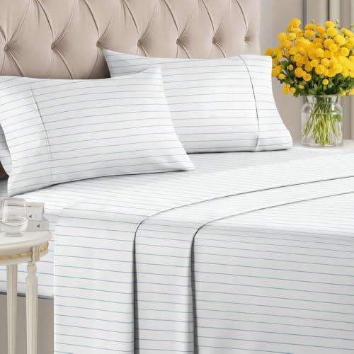 Full 4 Piece Striped Sheet Set - Breathable & Cooling - Sky Blue Pinstripe