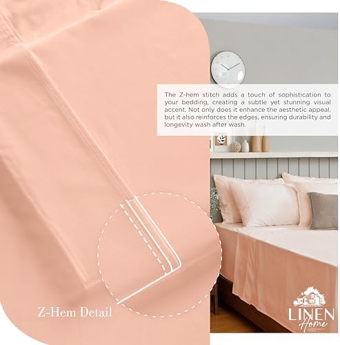 Linen Home 100% Cotton Percale King Sheets, 4Pc Cooling Set Tropical Peach