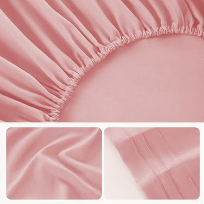 ROSE&RISY Pink Full Sheet Set, 4 Pieces Soft Bedding Full Sheet Set, Breathable and Cooling,Includes 1 Fitted Sheet, 1 Flat Sheet, 2 Pillow Cases - Deep Pocket (Pink, Full)