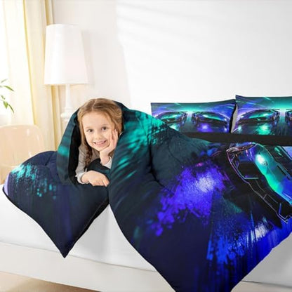 Feelyou Blue Racing Car Bedding Set Soft for Boys Girls, Boys Sports Car Comforter Set Queen Size Racing Extreme Sports Duvet Quilt Microfiber Speed Sports Bedroom Decor 3 Pcs with 2 Pillow Cases