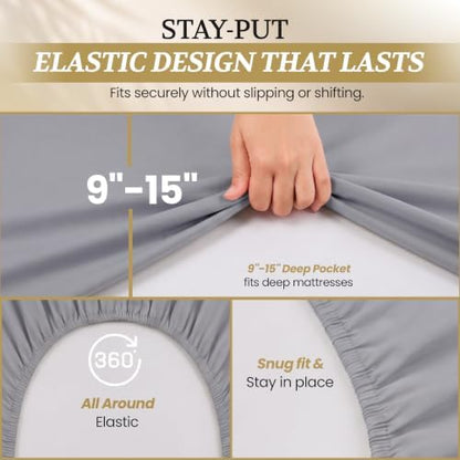 DESTINY CRESCENT BEDDING Full XL 100% Cotton Jersey Knit Sheet Set, 4PC, 15" Deep Pocket, Medium Grey