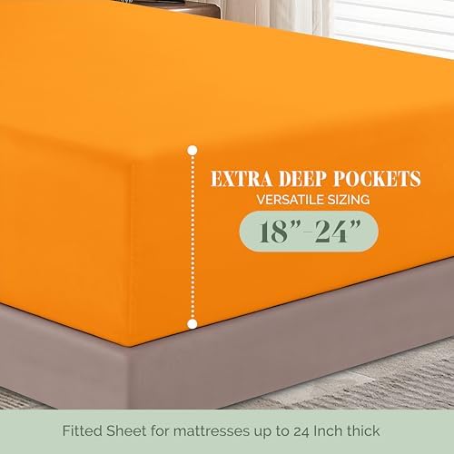 Elegant Comfort 1500 Premium Hotel Quality 18-24 Inches Deep - Extra Deep Pocket Single Fitted Sheet for High Mattress, Luxury and Softest, Smart Pocket - Wrinkle Free, Twin/Twin XL, Orange