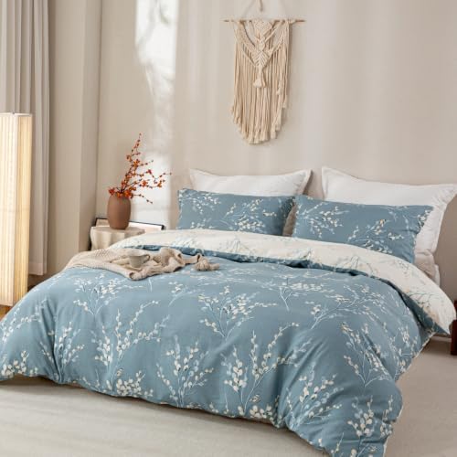 OAITE King Duvet Cover Set 3pcs 100% Cotton Blue Branch