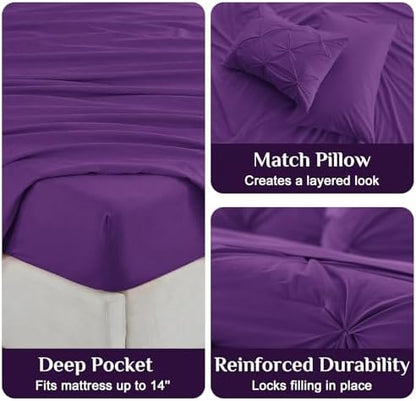 JOLLYVOGUE King Size Comforter Set 7 Pieces - Bed in a Bag King for All Season, Pintuck Bedding Comforter Sets with Comforter, Flat Sheet, Fitted Sheet and Pillowcases & Shams, Purple