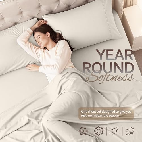 King Sheets Set, 4 Pcs 16" Deep Pocket Hotel Luxury Bed Sheets, Beige