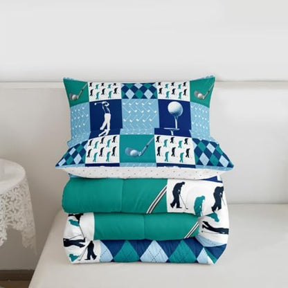 Homewish Golf Comforter Set King Size,Golf Sports Games Bedding Set 3Pcs Geometric Diamond Grid Patchwork Quilt Set for Kids Girls Boys Adult Room Decor Navy Blue White Duvet Insert,2 Pillowcases
