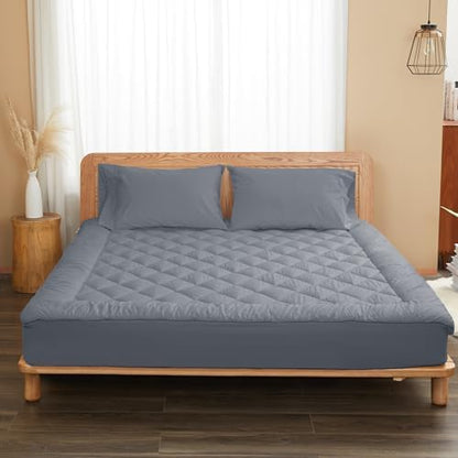 Twin Mattress Pad Cotton Quilted Cover, 8-22" Deep Pocket, Gray