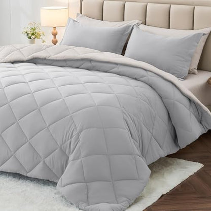 MUXHOMO 7 Pieces Full Comforter Set, Reversible Bed in a Bag Full Size, All Season Bedding Set with Comforter, Flat Sheet, Fitted Sheet, Pillowcases & Shams, Light Grey & Beige