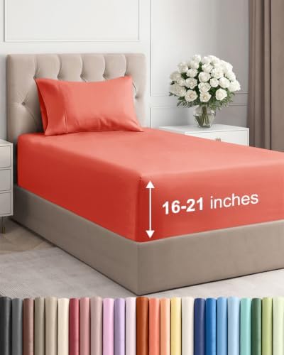 Extra Deep Pocket Twin Size Sheet Set - Breathable & Cooling - Coral