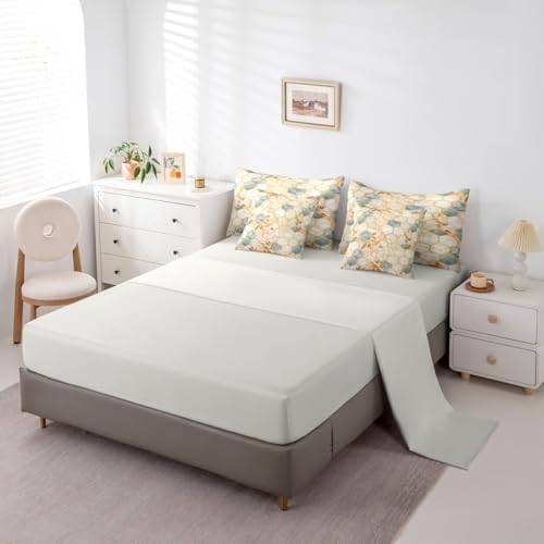Erosebridal Honeycomb Bedding Set for Kids Teens,Marble Hexagon Comforter Set King Size,Patchwork Geometric Leaves (Comforter+Fitted+Flat Sheet+2 Pillowcases+2 Throw Pillow Covers) 7 Pieces Bed Set