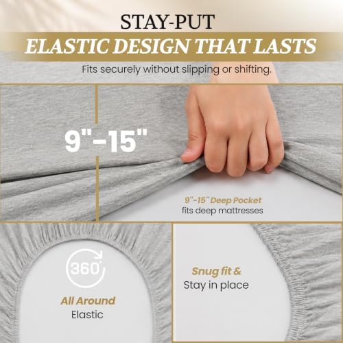 DESTINY CRESCENT BEDDING Full XL 100% Cotton Jersey Knit Sheet Set, 4PC, 15" Deep Pocket, Heather Grey