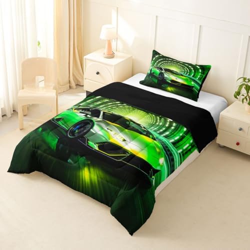 Feelyou Boys Race Car Kids Comforter Set Toddler Size Speed Sports Bedding Set Racing Extreme Sports Duvet Quilt for Kids Boys Girls Bedroom Green Racing Car Decor Microfiber Ultra Soft Breathable