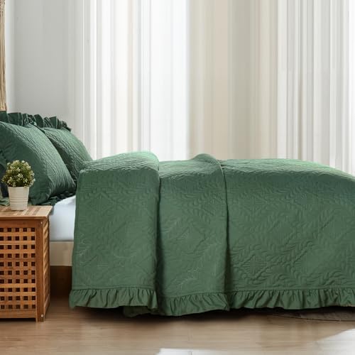 DJY Queen Quilt Set, 3 Pieces Ruffled Bedspreads Quilt, Olive Green
