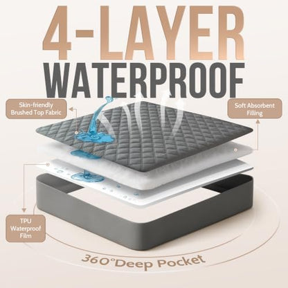 Downstoria Waterproof Mattress Protector, Twin Size Mattress Pad, Soft Breathable Gray Mattress Cover with 6"-16" Deep Pocket, Dirt-Proof Washable Bed Cover for Home, Bedroom, Hotel