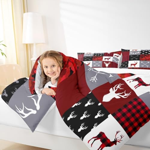 Deer Silhouette Comforter Set Twin Size,Antler Arrow Grid Stripe Design Bedding Duvet 2pcs for Kids Teens Adult Boys Girls Home Room Decoration, Camouflage Christmas Style Red Quilt Set