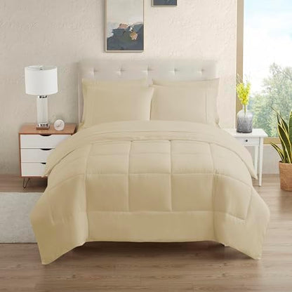 Sweet Home Collection 5 Piece Comforter Set Bag Solid Color All Season Soft Down Alternative Blanket & Luxurious Microfiber Bed Sheets, Beige, Twin