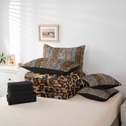 Erosebridal Gray and Brown Leopard Print Twin Size Bedding Set for Men Women Adults - Cheetah Printed 7 Pieces Comforter Set with Sheets Wild Safari Animal Bed in a Bag Modern Leopard Print Bed Sets