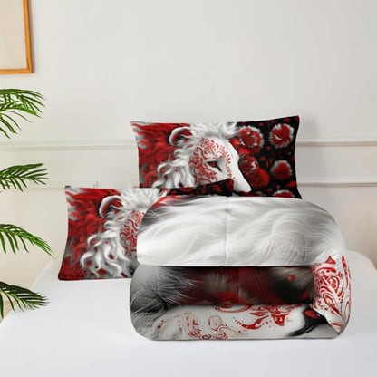 Red and Black Lion King Size Comforter Set for Men，King Size Quilt Bedding Set Floral，Wild Animal Print Comforter Set，with 1 Comforter with 2 Pillow Case