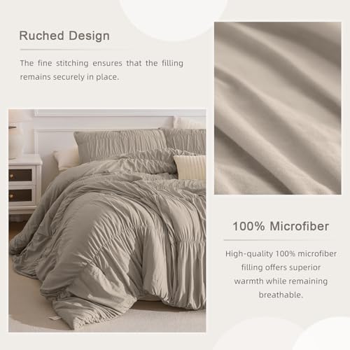 Masaca 120x120 Oversized Comforter King Size,Linen Like Textured Ruched California King Bed Comforter Set Soft Lightweight Fluffy Ruffle Farmhouse Shabby Bedding Set 3PCS