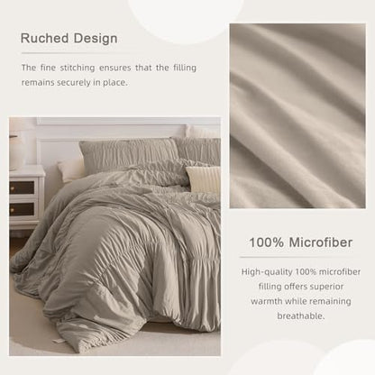 Masaca 120x120 Oversized Comforter King Size,Linen Like Textured Ruched California King Bed Comforter Set Soft Lightweight Fluffy Ruffle Farmhouse Shabby Bedding Set 3PCS