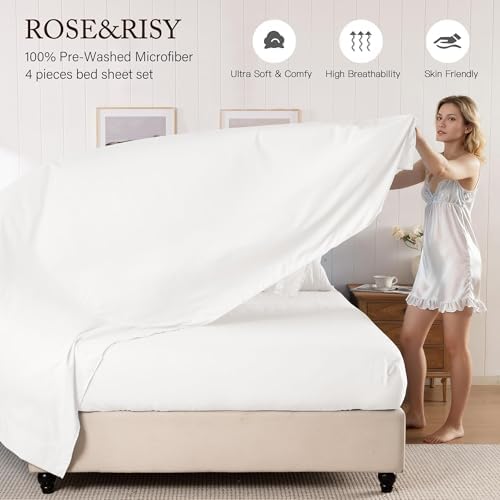 ROSE&RISY White Twin Sheet Set, Pre-Washed Brushed Cotton-Like Microfiber, 3 Pcs Soft Breathable Sheet Set Twin,Fade Resistant, Includes 1 Fitted Sheet, 1 Flat Sheet, 1 Pillowcases (White, Twin)