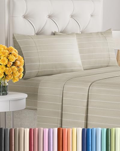 Cal King Size 4 Piece Sheet Set - Soft & Cooling Sheets - Beige Stripes 4