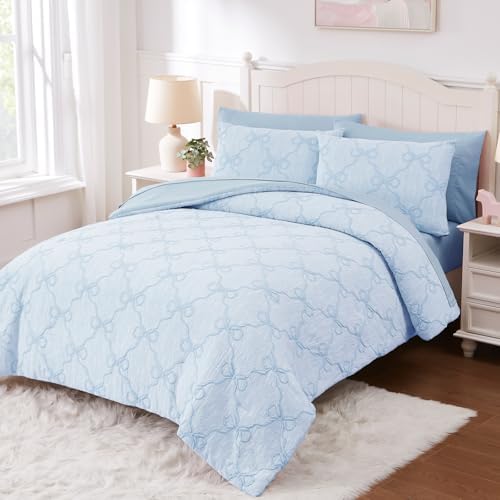 Queen Comforter Set with Sheets for Girls-7 Pieces Bow Bed in A Bag
