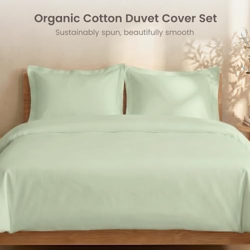 BIOWEAVES 100% Organic Cotton King Duvet Cover Set, 3-Piece, 300 Thread Count Sateen Weave GOTS Certified Comforter Cover with Buttoned Closure and 2 Pillow Shams – Pastel Green, 104x90 inches