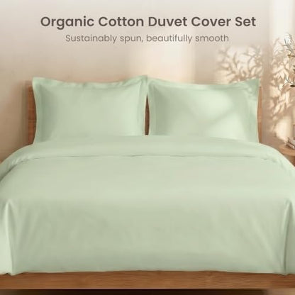 BIOWEAVES 100% Organic Cotton King Duvet Cover Set, 3-Piece, 300 Thread Count Sateen Weave GOTS Certified Comforter Cover with Buttoned Closure and 2 Pillow Shams – Pastel Green, 104x90 inches