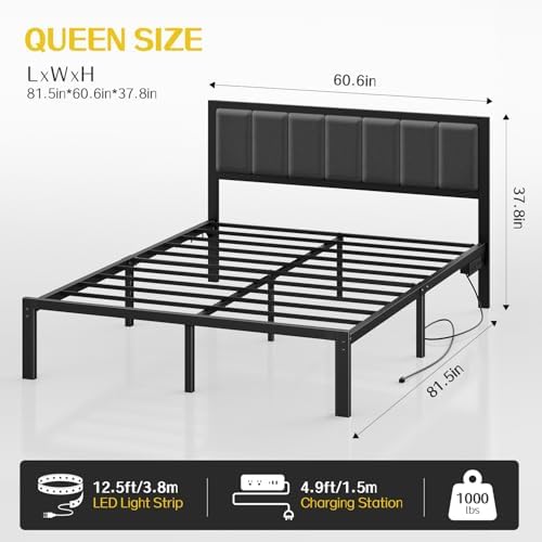 OLEVS Queen Bed Frame with Headboard, Smart LED & Charging Station