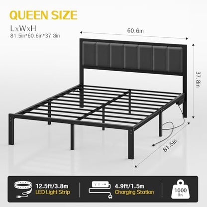OLEVS Queen Bed Frame with Headboard, Smart LED & Charging Station