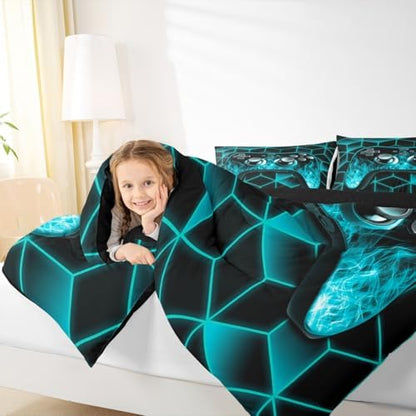 Erosebridal Teal Gaming Bedding Set Gamer Gifts,Neon Geometric Kids Comforter Sets Boys,3D Geometric Gaming Comforter Set Flame Game Consoles Gaming Decor for Boys Bedroom Decor